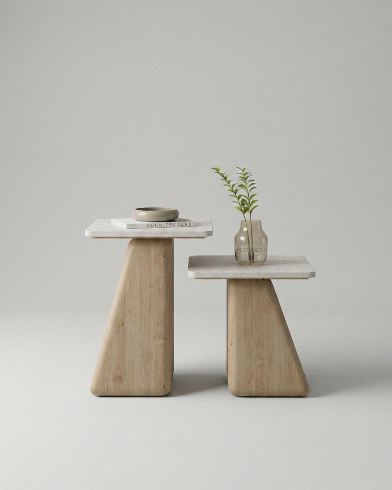 GE.OM Side Tables Set β Travertine Marble and Olive Veneer