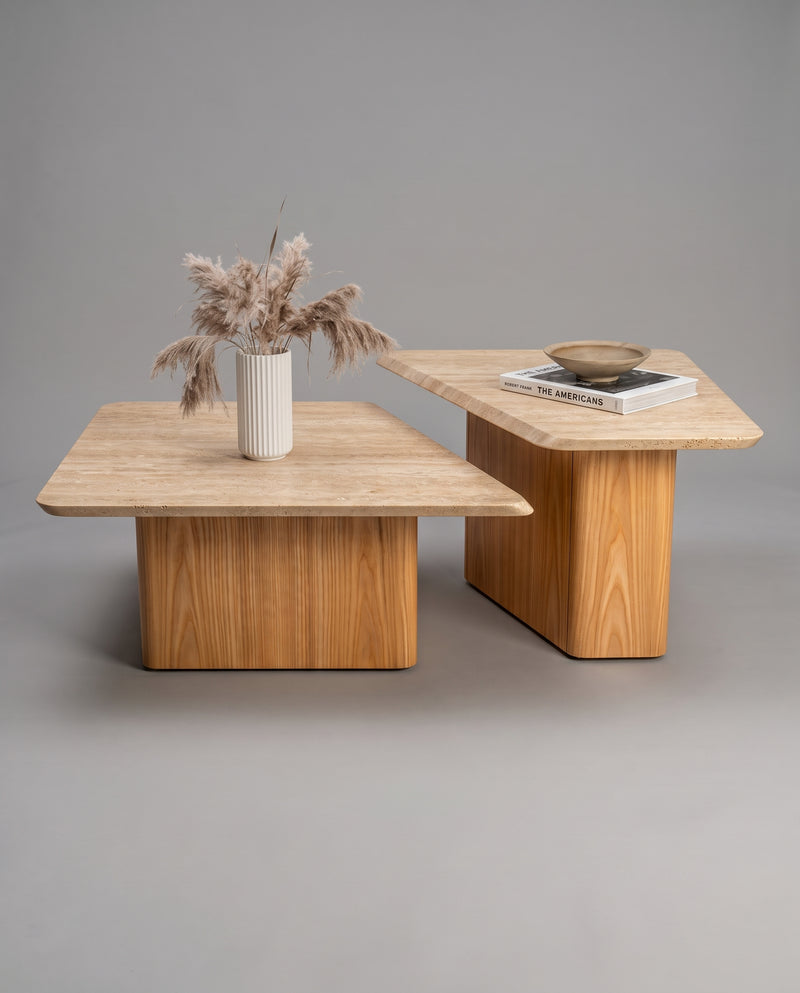 PA.MA Coffee Table β Travertine Marble & Olive Veneer