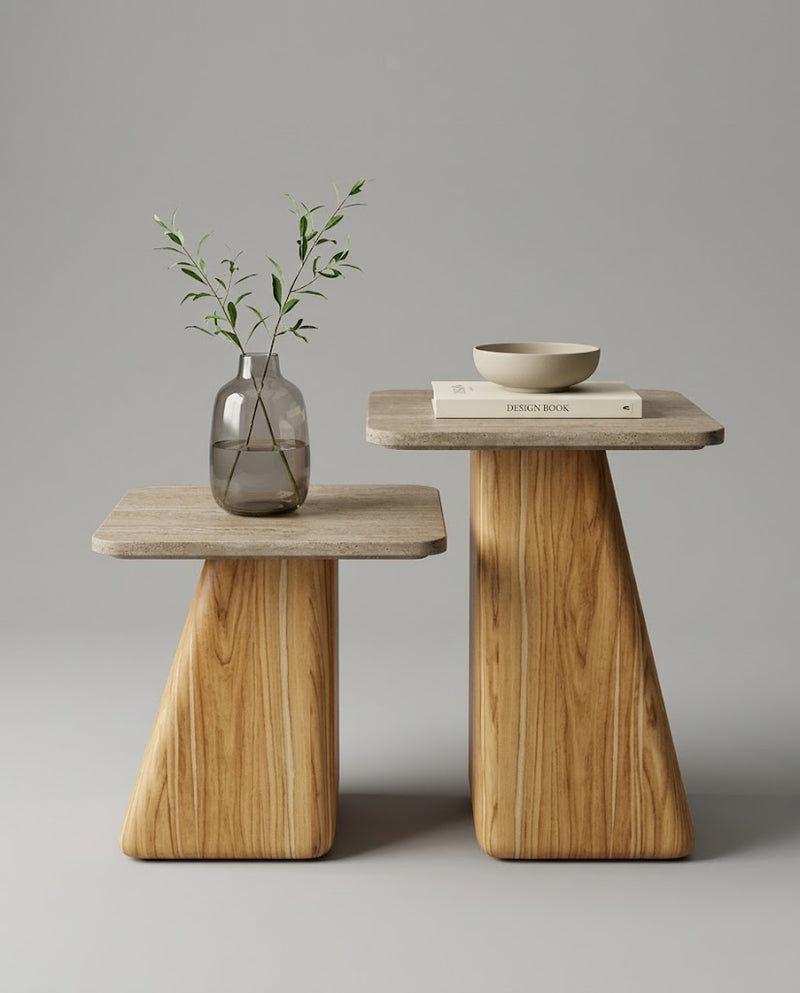 GE.OM Side Tables Set — Travertine Marble and Olive Veneer