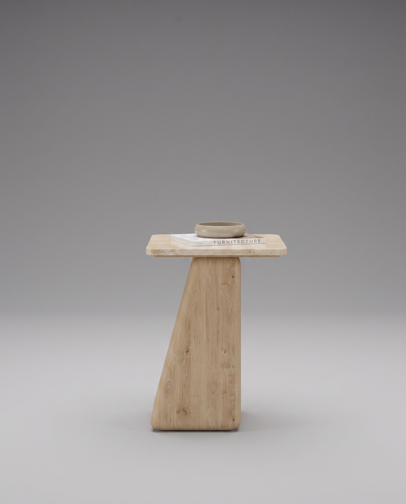 GE.OM Side Table — Travertine Marble X Olive Veneer / 60 Cm