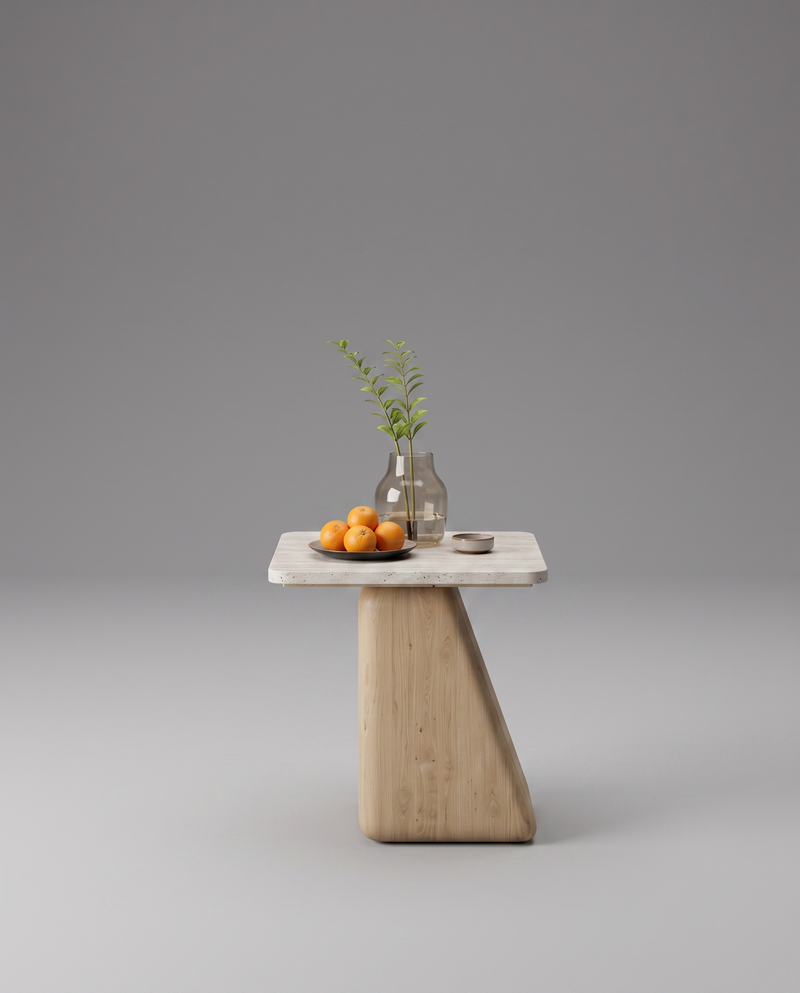 GE.OM Side Table — Travertine Marble X Olive Veneer / 45 Cm