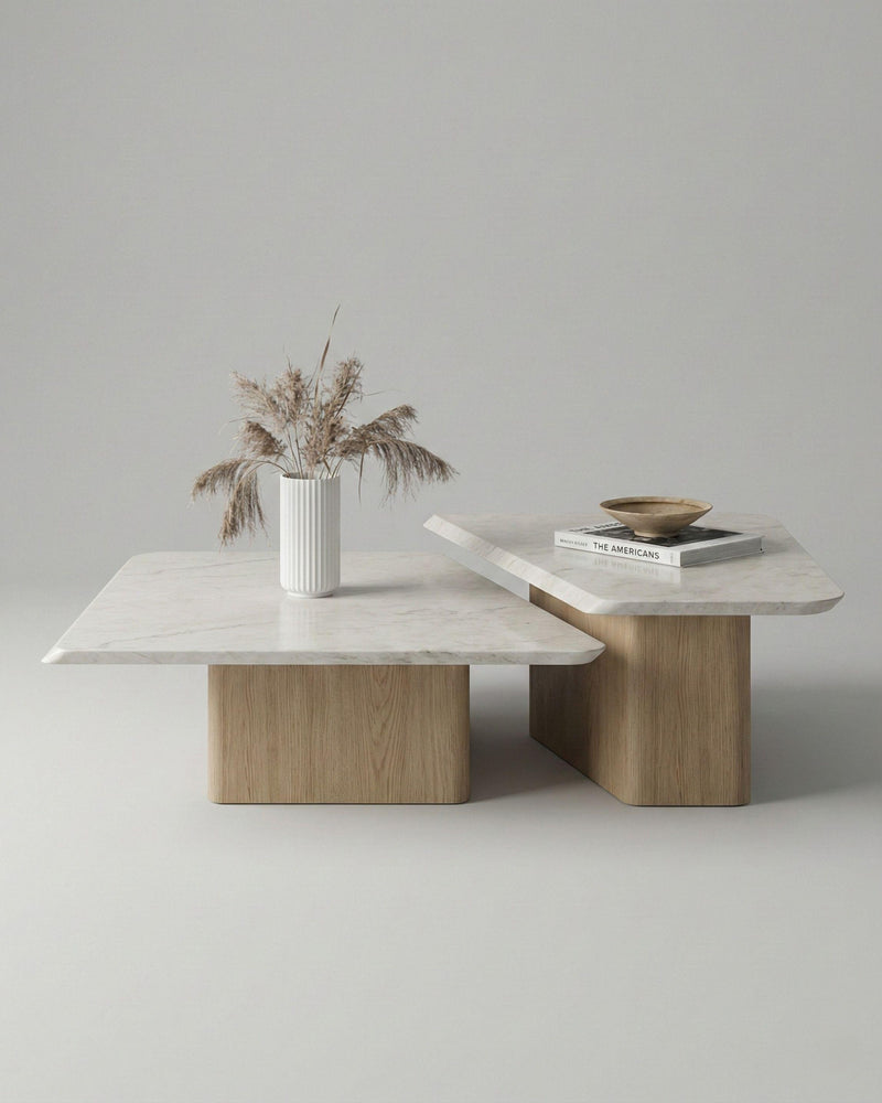 PA.MA Coffee Table — Travertine Marble & Olive Veneer