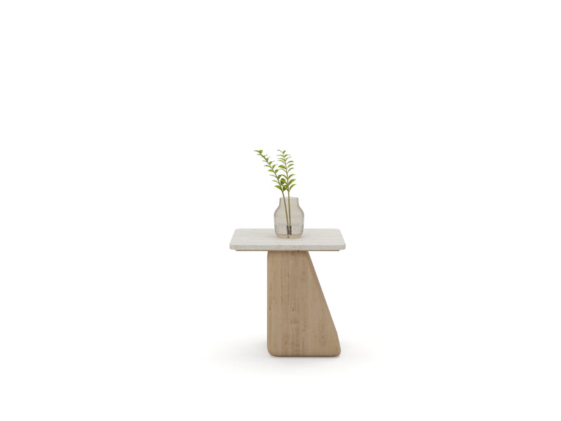 GE.OM Side Table — Travertine Marble X Olive Veneer / 45 Cm