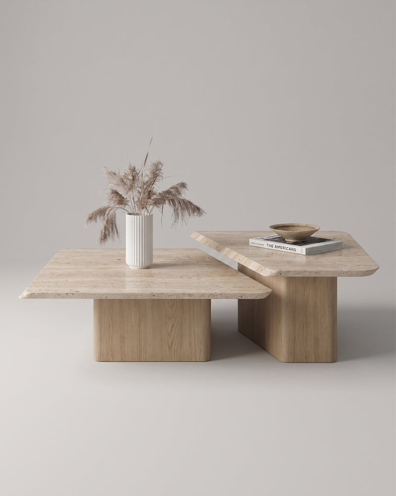 PA.MA Coffee Table — Travertine Marble & Olive Veneer