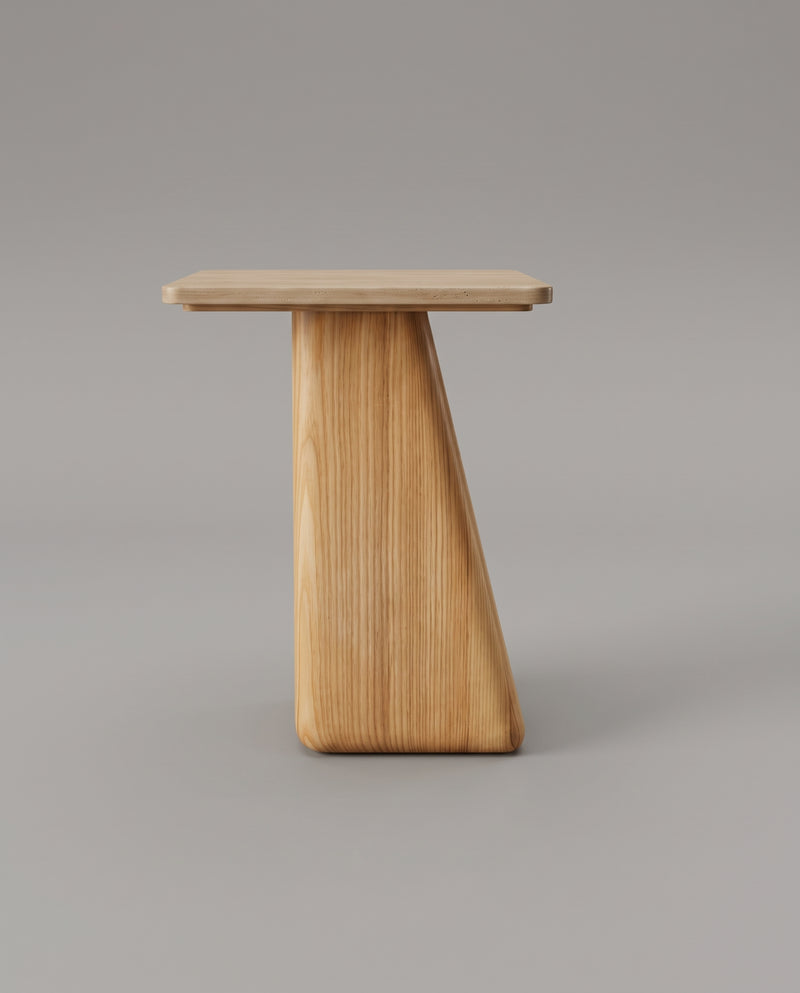 GE.OM Side Table — Travertine Marble X Olive Veneer / 60 Cm