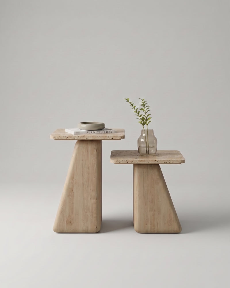 GE.OM Side Tables Set — Travertine Marble and Olive Veneer